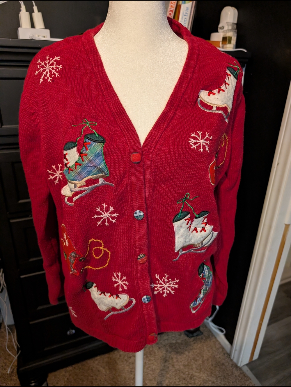 Basic Editions Red Holiday Ice Skate Embroidered Cardigan